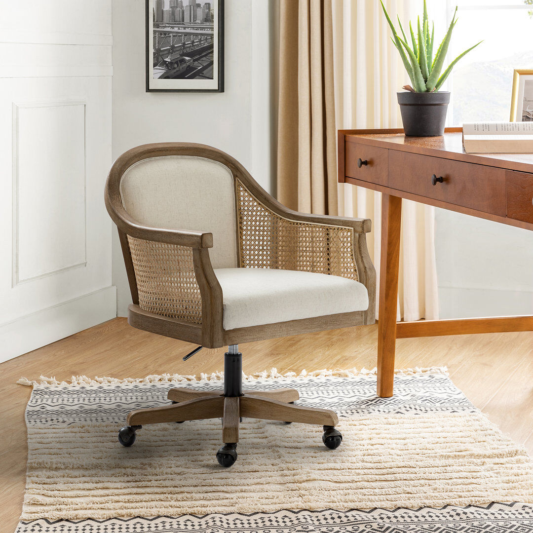 Bay Isle Home Xaver 50.8cm W Farmhouse Swivel Barrel Task Chair with Rattan Arms Ivory 88.3cm H X 59.7cm W X 59.7cm D