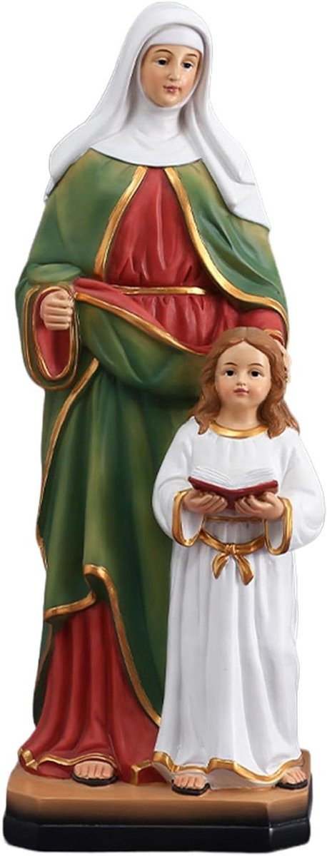 Religieus standbeeldje Sint Anna in rood groen wit, Hoogte: 35,6 cm