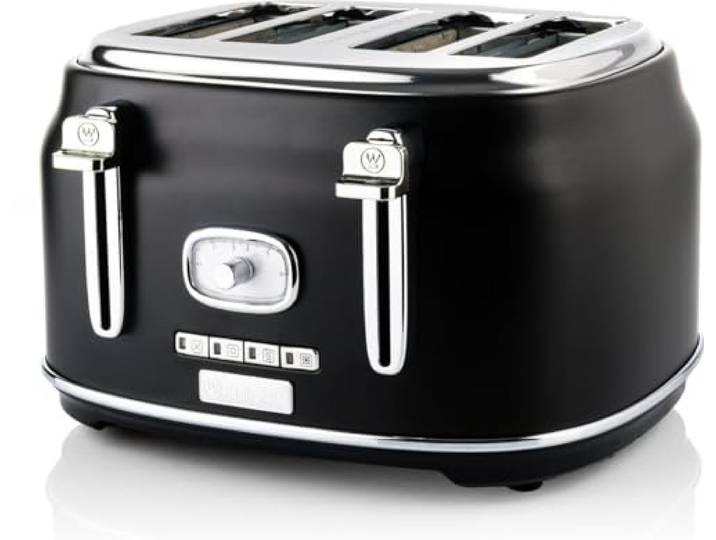 Westinghouse Retro-Toaster, 4 Scheiben, extra breite Schlitze, Warmhaltegestell, 1750 W, schwarz