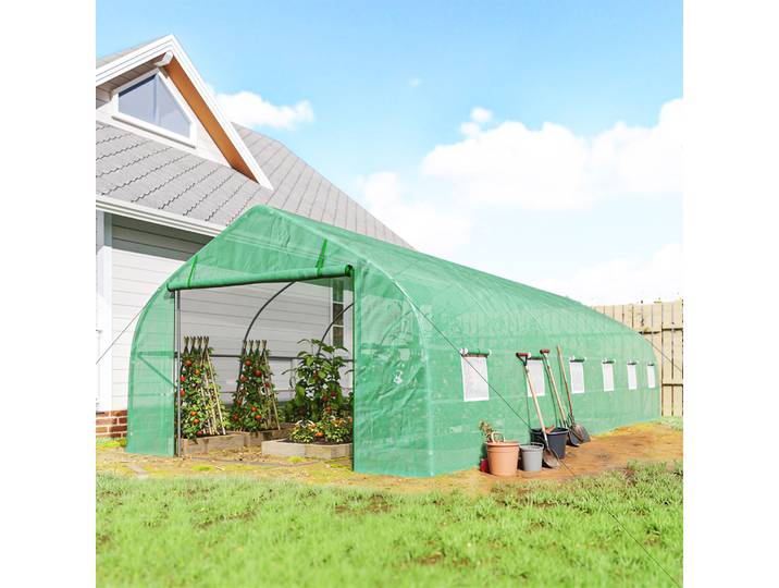 Outsunny Serre Tunnel 8x3m Bâche PE Vert 12 Fenêtres