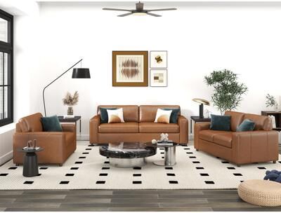 Roundhill Furniture Sakan Leather Upholstered 3-Piece Living Room Set, Sofa Loveseat and Cutler Chair