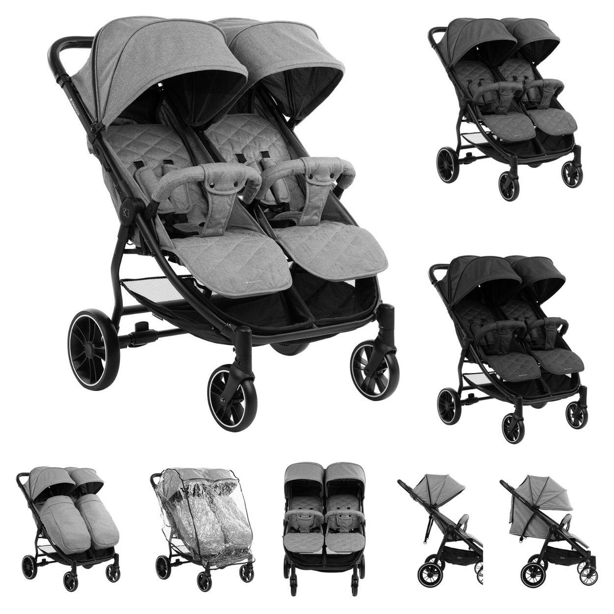 Kikkaboo Zwillingskinderwagen Happy 2, faltbar, Regenschutz, Fußsack, gefedert