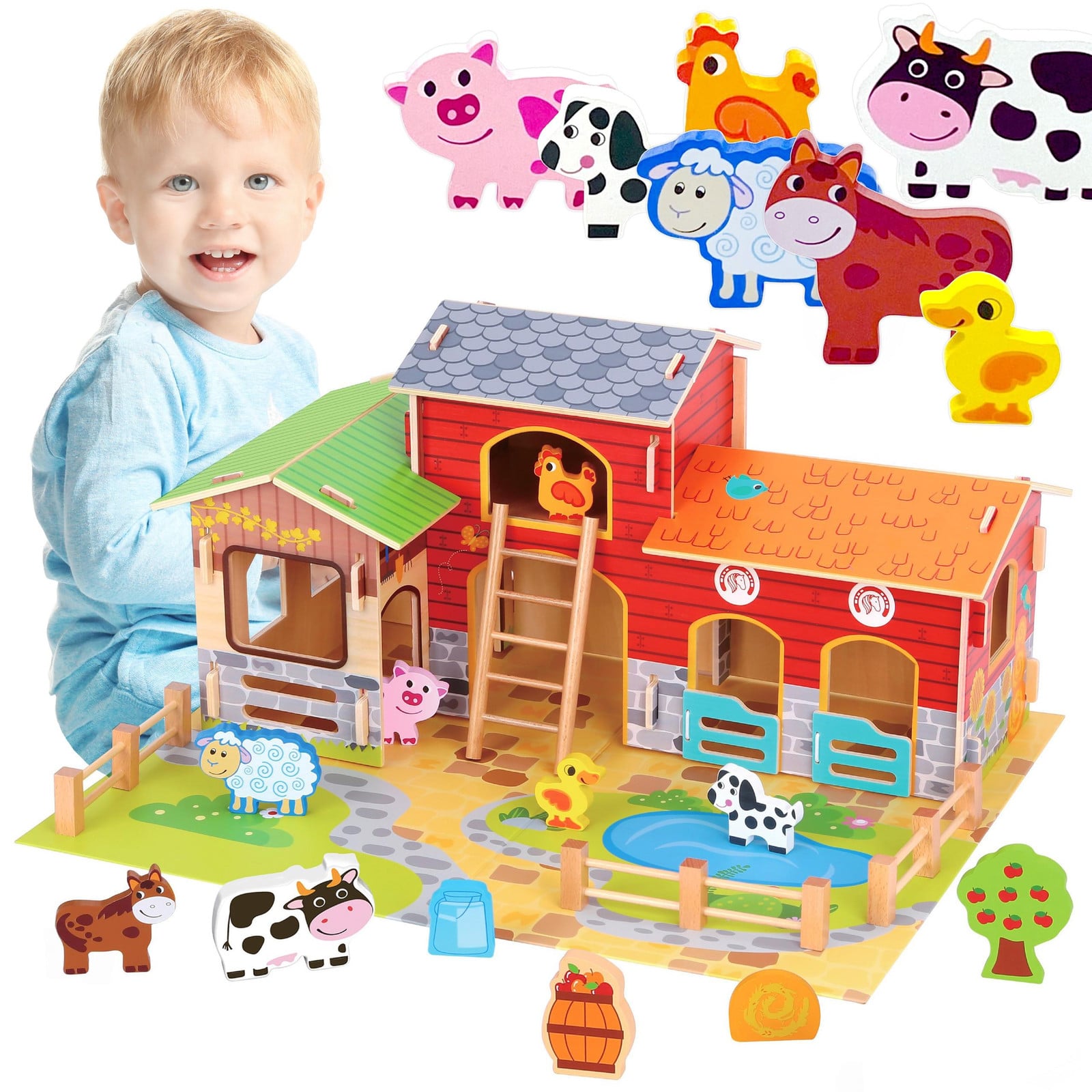 Woopie Let's Go Green Mega Farm Dierenfiguren met Koeienstal en Kippenhok, 18 stuks