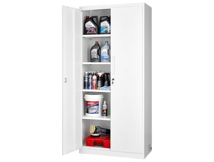 VEVOR Armoire Métallique 175 cm 5 Niveaux\, Meuble de Rangement en Acier Verrouillable\, pour Dossier Outils Atelier Garage Bureau\, avec 4 Étagères Réglables\, 2 Portes Magnétiques et 2 Clés\, Blanc