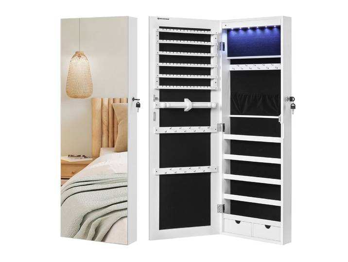 Armoire à bijoux murale avec miroir sans cadre 6 lumières blanc