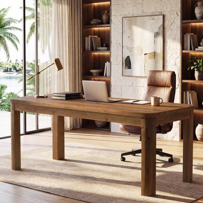 1Easylife "63"" Solid Wood Computer Desk with Rounded Corners, Farmhouse Rectangular Home Office Desk with Cross-Beam Underframe"