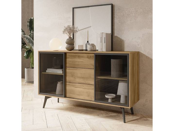 Lomadox Kommode SIRACUSA-160, Sideboard in Eiche 144 cm breit mit Schubladen und Glastüren