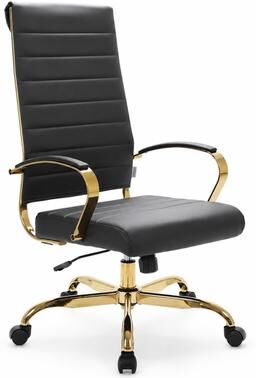 LeisureMod Benmar Ribbed Leather Executive High Back Office Chair with Gold Frame, Swivel, Tilt, Lumbar Support
