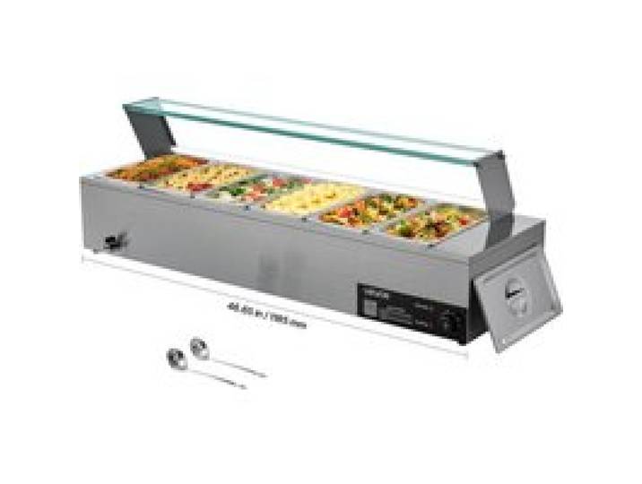 VEVOR kommerzieller Speisenwärmer (6 x 1/3 Größe Behälter), 1,5 kW elektrischer Wärmebehälter aus Edelstahl mit Glasabdeckung & Suppenkelle, Chafing Dishes für Catering Restaurant Party