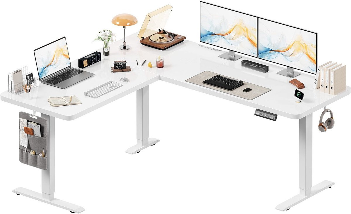 Devoko Elektrisch Verstelbaar Hoekbureau – L-vormig Zit-Sta Bureau met Kabelmanagement – Wit