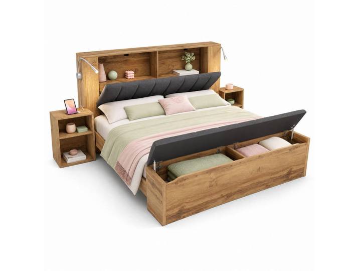 Evryae Bett 160/200 mit klappbarem Kopfteil, Leselampen und Bettbank in Eiche, Eichefarben, 160x200 cm, Schlafzimmer, Betten