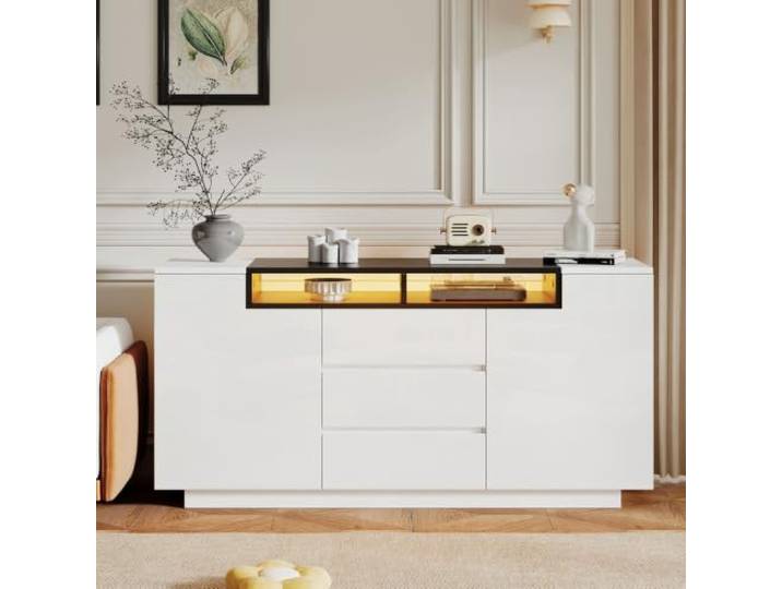 Kommode Sideboard mit 2 L-förmigen Türen 3 Schubladen, Weiß,140x40x68 cm Verstellbare Trennwände, halboffener Lagerbereich, Hochglanz, fürSchlafzimmer Wohnzimmer Flur