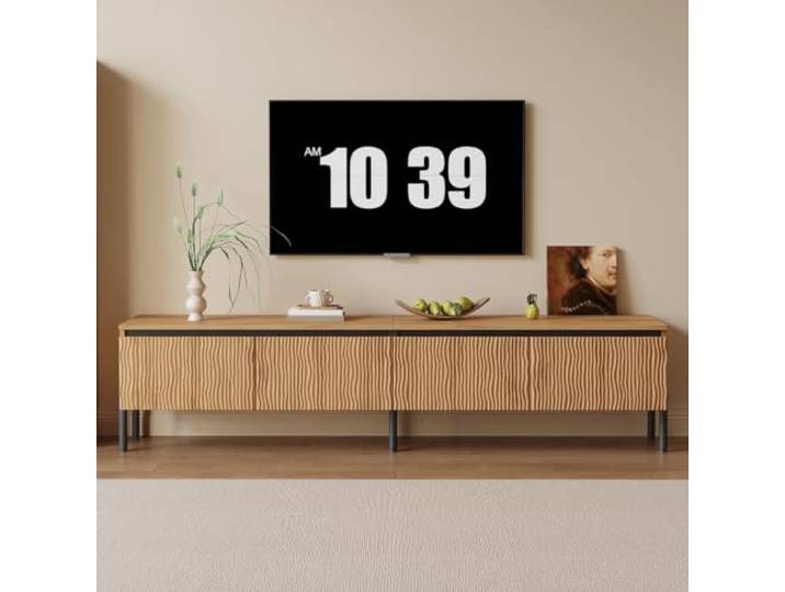QQJIN Modernes TV Lowboard Stehend 180cm mit Wellenrelief TV-Schrank mit 4 Türen, geschlossener Stauraum mit Kabelaussparung,,Korpus aus PB+MDF, Metallfüße