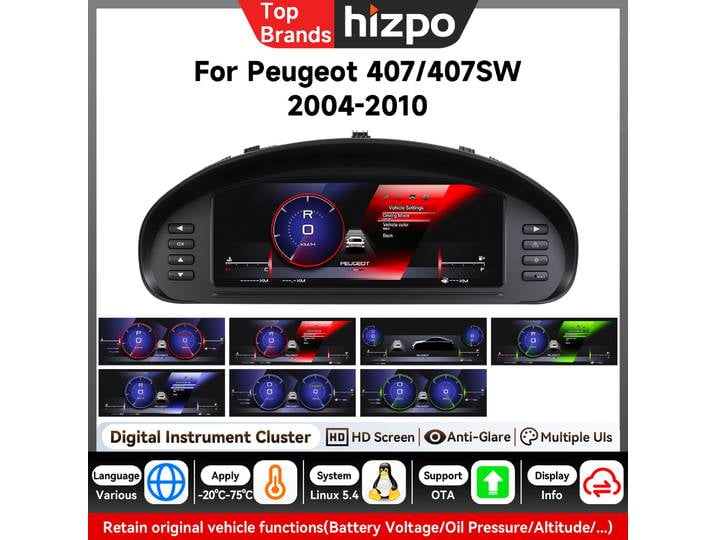 Hizpo Tableau de bord LCD numérique pour Peugeot 407 407SW 2004-2010, ensemble d'instruments numériques avec affichage du compteur de vitesse