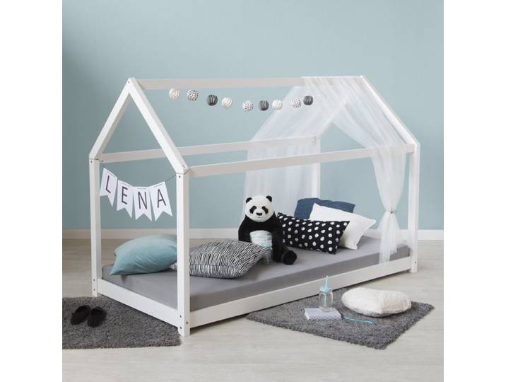 Lit Enfant 90x200 cm Blanc Lit Cabane Lit Simple avec Sommier Bois Lit au Sol