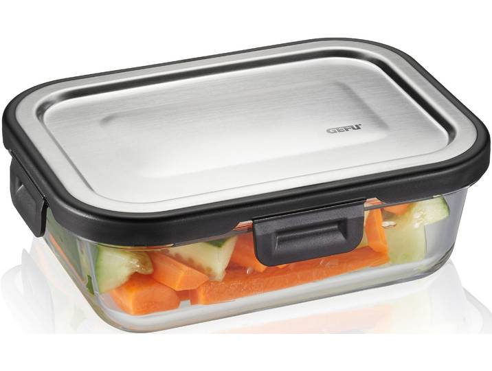 Lunchbox GEFU MILO , silber (transparent, silberfarben, schwarz), B:13cm H:5,9cm L:17,7cm, Borosilikatglas, Edelstahl, Kunststoff, Lebensmittelaufbewahrungsbehälter, Lunchbox, gelaserter QR Code zur Vorratskontrolle per App (nur für Android)