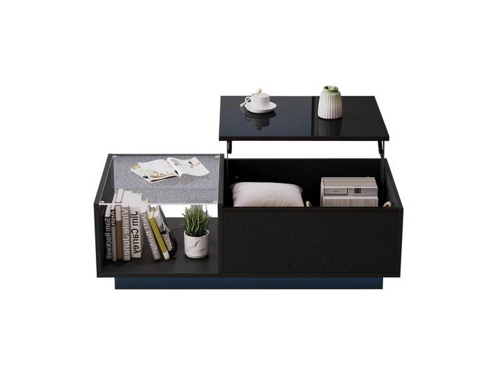 Flieks Couchtisch 100x50cm LED Höhenverstellbar Schwarz Hochglanz Stauraum, Holz, 57.15x12.7x109.22 cm, Wohnzimmer, Wohnzimmertische, Couchtische