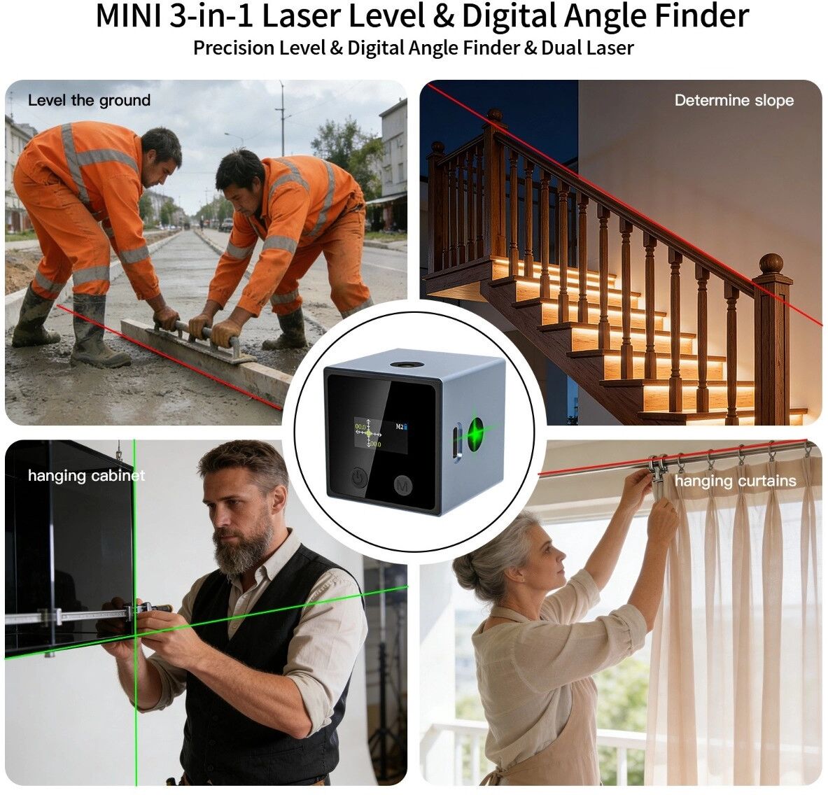 INF 4-in-1-Mini-Laser-Nivelliergerät mit 0,01° Genauigkeit, 0–360°-Neigungsmesser und Infrarot-Grünlicht Dunkelgrau