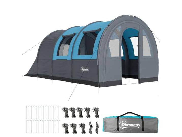 Outsunny Tunneltent Groot personentent 5-6 personen, 2 kamers, Grijs