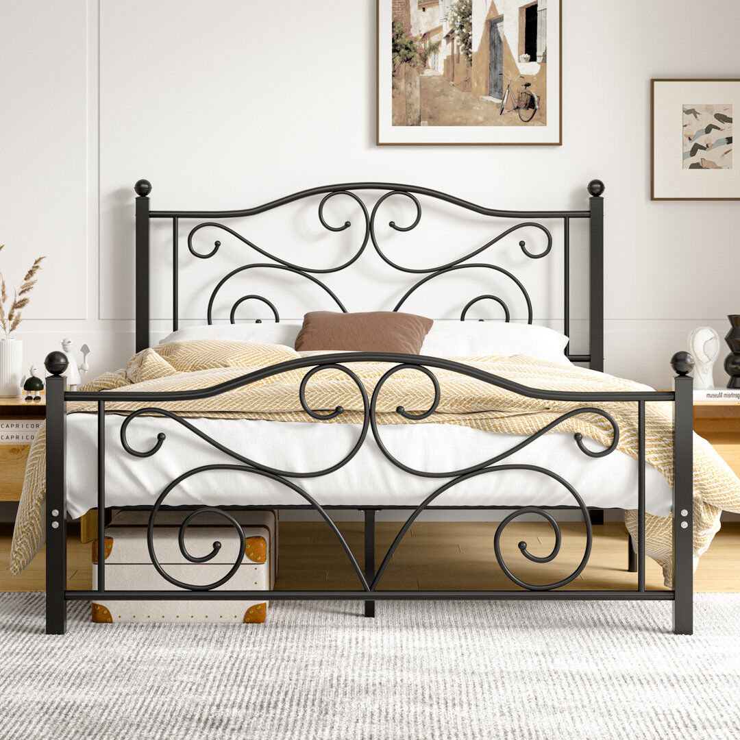 Marlow Home Co. Double Size Metal Bed Frame with Headboard and Footboard, Classic Platform Bed, Mattress Foundation with Steel Slat Support, No Box Spring Needed, Eas Black Double (4'6)