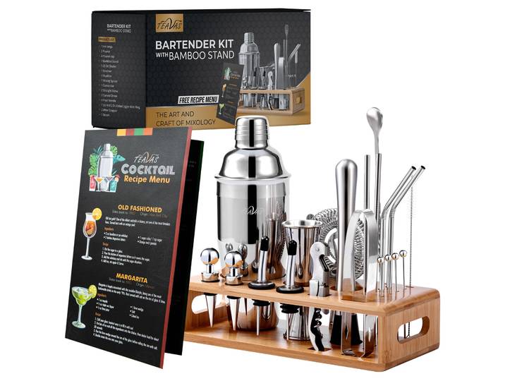 TEAVAS Kit de barman Mixology 25 pièces avec shaker à cocktail et gabarit japonais - Ensemble de shaker mélangeur pour cocktails et alcool - ustensiles de bar