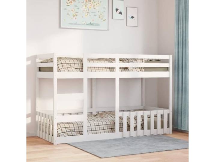 KTHLBRH Etagenbett weiß 90 x 190 cm aus massivem Kiefernholz Platzsparende Struktur, 2 Einzelbetten, Schutzseiten, Leiter inklusive, Lattenrost