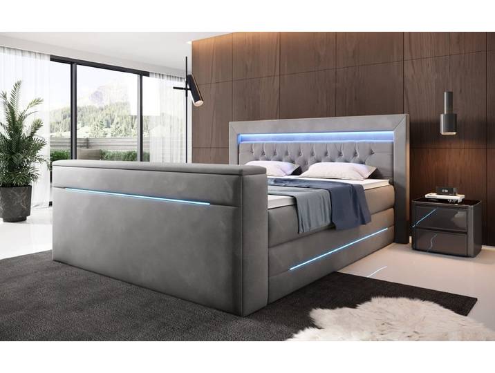 Boxspringbett Neptun mit TV Lift und RGB - Grau - 140x200 - H4 (100kg+) - Luxusbetten24