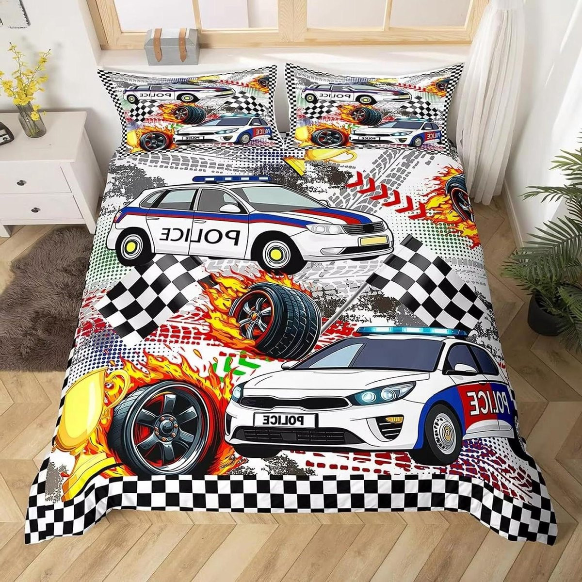 Kinder dekbedovertrek set met politiewagen, ademend microvezel, 90x190 cm