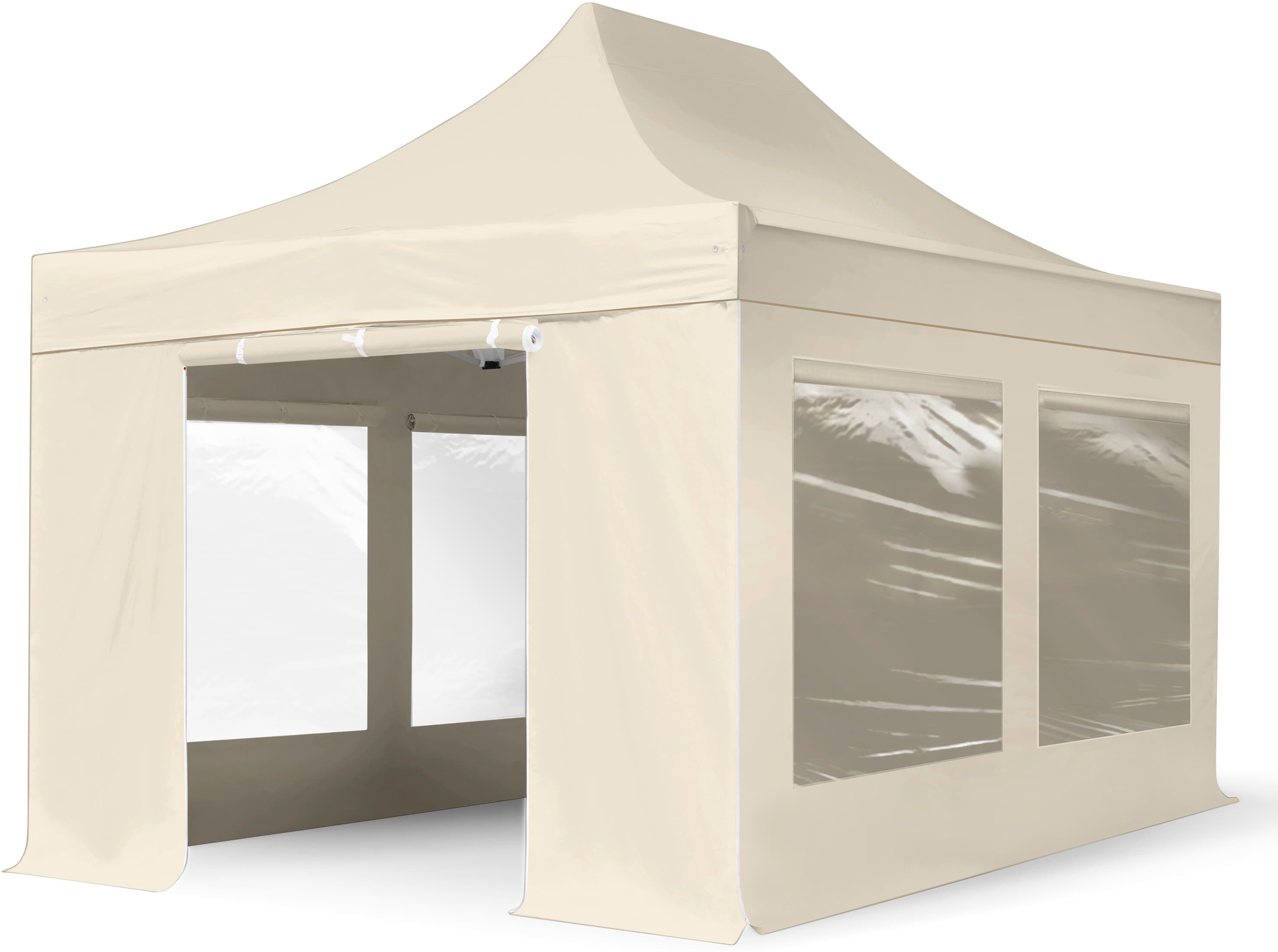 TOOLPORT 10x15 ft PES 750 Pop-Up Canopy PREMIUM Steel 1.6 in., incl. Sidewalls with Panorama Windows, Cream - (600049)