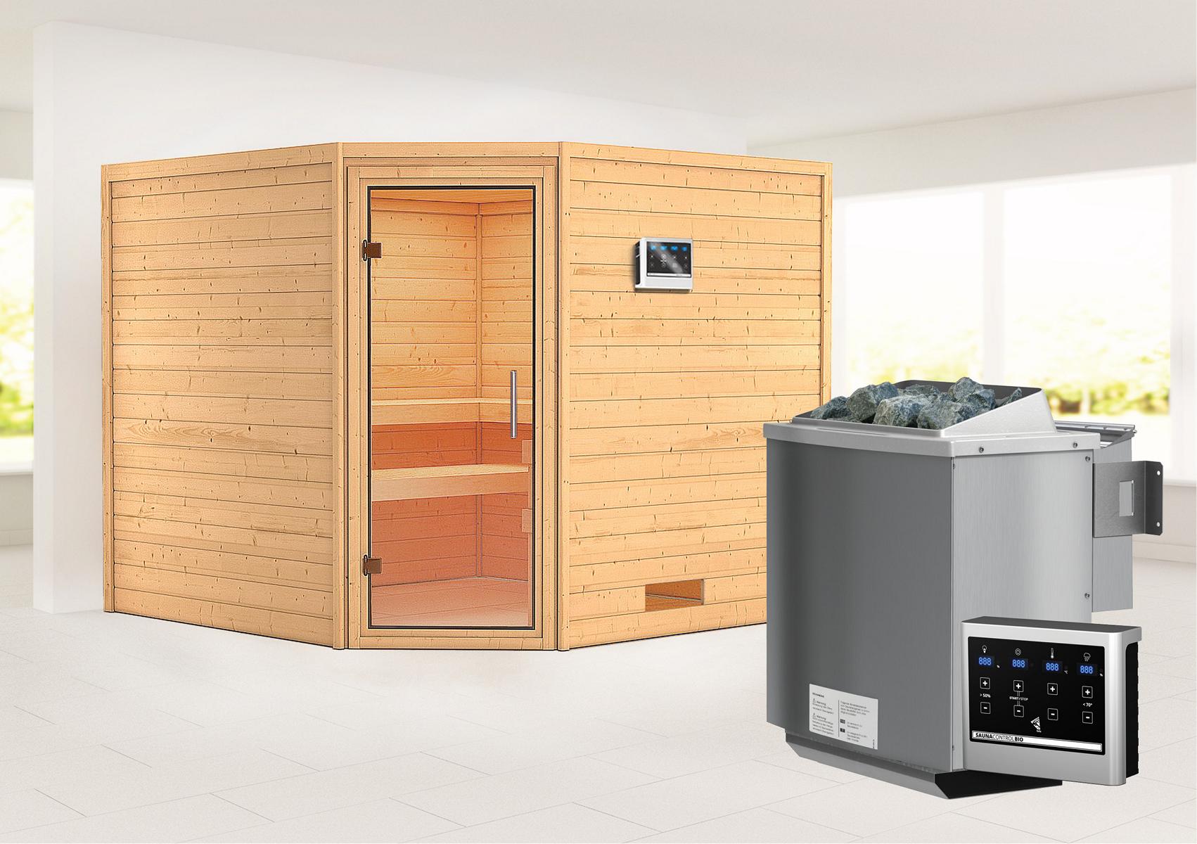 KARIBUHOLZT MH Leona Eck, 9kW Bio ext.Strg klarglas Ganzglastür 16880825