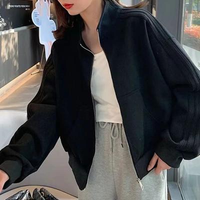 Rare Purchases Women's Short Sweatshirt Jacket, Versatile Loose Fit Casual Style, Three Stripe Autumn Winter Jacket xl black