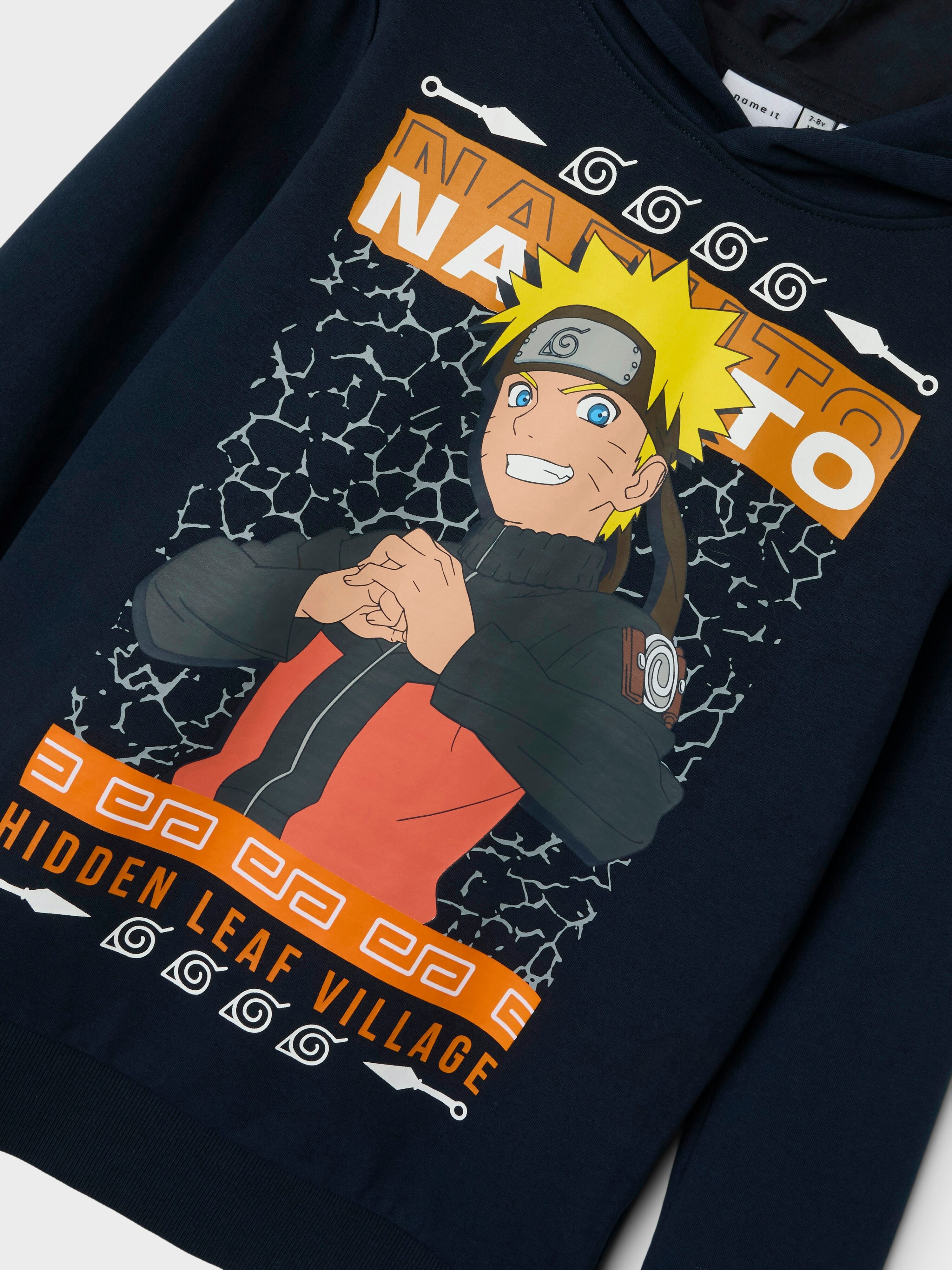 Kapuzensweatshirt NAME IT "NKMJAKARI NARUTO SWEAT WH BRU NOOS BIO", Jungen, Gr. 116, blau (schwarz sapphire), Sweatware, Obermaterial: 60% Baumwolle, 40% Polyester, bedruckt, normal normal, Rundhals, Rippbündchen, Sweatshirts Kapuzensweatshirt, mit grosse