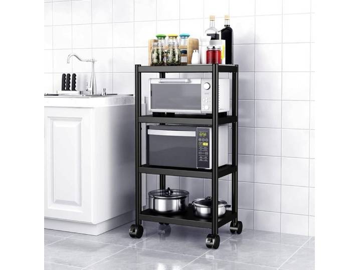 Étagère Cuisine Roulettes Micro-Ondes 4 Niveaux Inox - Rangement Utilitaire