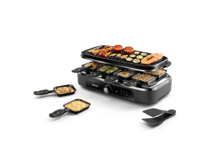 Philips Raclette Grill 2-in-1 3000 Series, Temperature Control, 1400W Grill und Raclette ideal für 8 Personen, Große Kochfläche, 8 Pfännchen, Antihaftbeschichtung, PFAS-frei (HD6412/95)