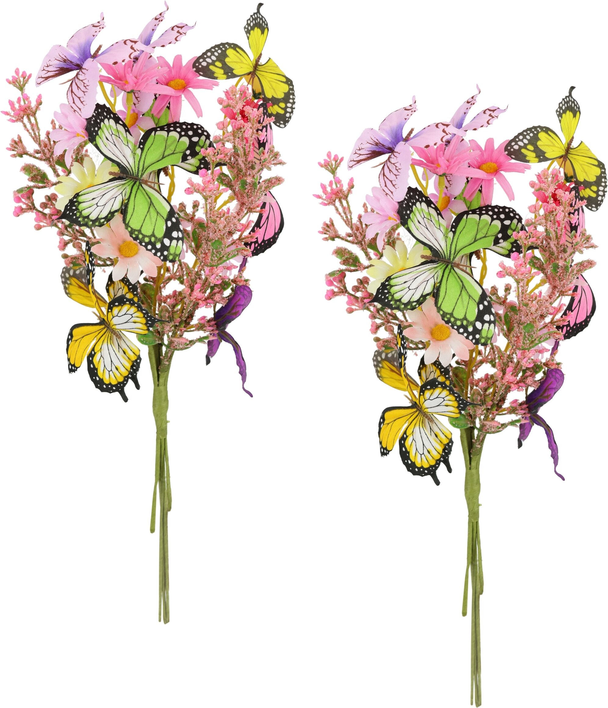 Kunstblume I.GE.A. "Strauß mit Schmetterlingen und Blüten 40cm 2er Set gebunden zum Strauß", bunt (variiert), B:18cm H:40cm T:10cm, Obermaterial: 90% Polyester, 10% sonstige Fasern, Kunstpflanzen, Kunstblume, Künstliche Blumen Blumenstrauß Bouquet Deko Zw
