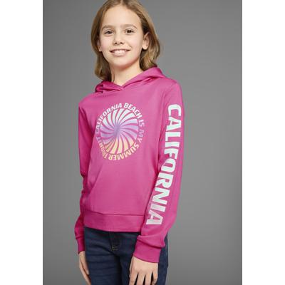 Kapuzenshirt KIDSWORLD "Langarmshirt mit Ärmelprint", Mädchen, Gr. 164/170, pink, Interlock, Obermaterial: 100% Baumwolle, bedruckt, gerade taillenbedeckt, Bündchen, Shirts Kapuzenshirt, Langarm, gerade Passform, mit coolem Aufdruck