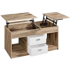 Helloshop26 - Couchtisch mit Hebemechanismus 2 Schubladen und versteckten Fächern offene Fächer für Wohnzimmer Homeoffice braun 12_0007928