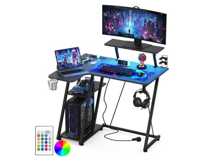 Bureau Gamer LED - VIVOLILV - Bureau D'ordinateur Forme L Multifonctionnel - Prise Electrique - Porte-Gobele - Crochet pour Casque