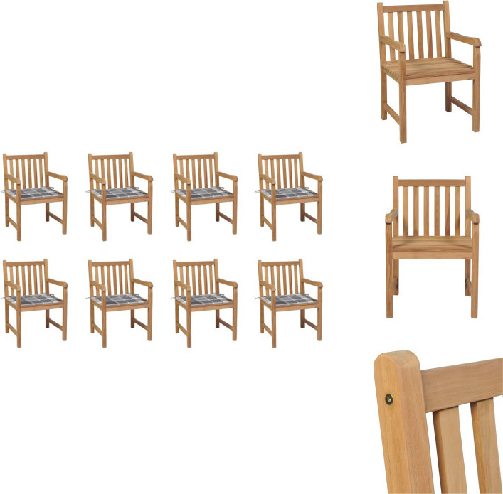 vidaXL Gartenstühle 8 Stk. Graue Karomuster-Kissen Massivholz Teak - Gartenstühle