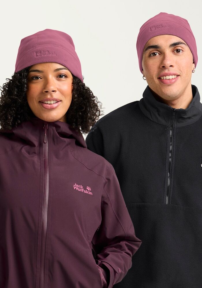 Beanie JACK WOLFSKIN "REAL STUFF BEANIE", Gr. onesize, pink (raisin), Polyester, Mützen Beanie raisin onesize