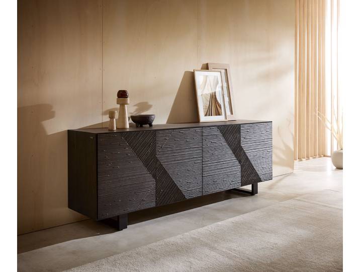 Sideboard Tereos 200 cm Esche Dunkelbraun 3D Effekt 4 Türen Kufe Metall Schwarz, Sideboards