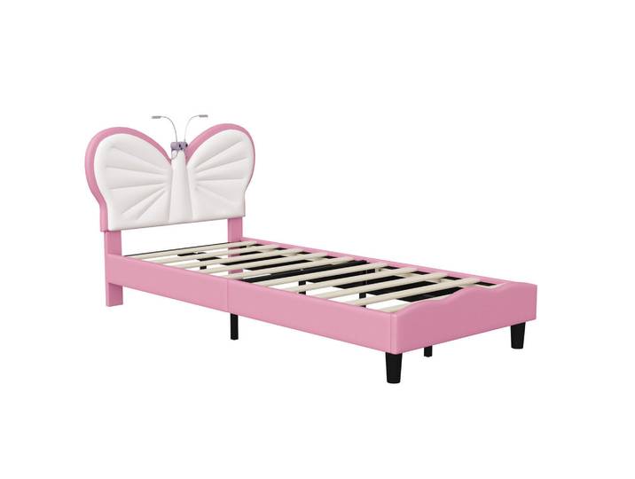 Polsterbett 90x200cm Rosa Mit LED-Leselampe & Verstellbarem Kopfteil, Holz, 90x200 cm, Schlafzimmer, Betten, Polsterbetten