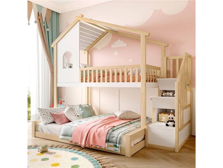 Lit à étages 90x200 + 140x200 avec maisonnette étagères cachées design compact et stable lit superposé grand format