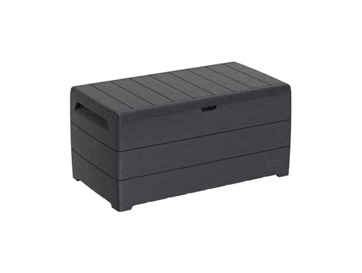 Duramax Cedargrain Durabox 416 Liter/ 110 Gallonen Kissenbox aus Kunststoff, Auflagenboxen für Terrasse und Gartenmöbel, abschließbare Kissenbox aus Kunststoff mit Gasflasche, Dunkelgrau