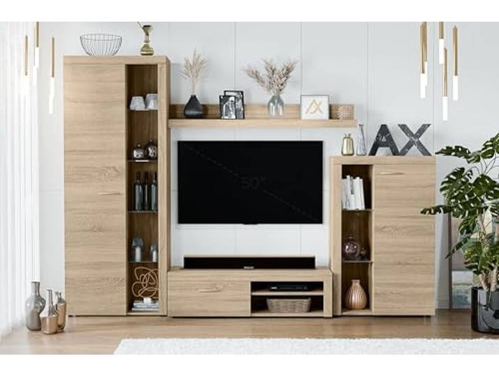 AXLIVING Spacoro Wohnwand Sonoma Eiche Wohnzimmerschrank 270 cm Zwei Vitrinen, Wandregal und TV-Schrank. Laminierte Platten mit Melaminkante und MDF-Leiste. Ohne LED-Beleuchtung.