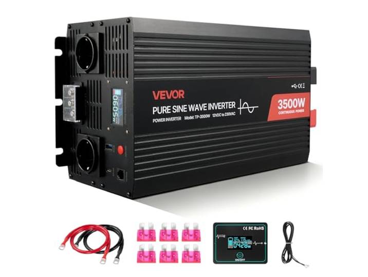VEVOR Convertisseur Pur Sinus CC 12 V vers CA 230 V Onduleur Sinusoïdal Pur 3500 W\, avec Écran LCD\, Télécommande Filaire\, Port USB et Type-C\, 2 Prises CA\, pour Camping-Car\, Voiture\, Système Solaire