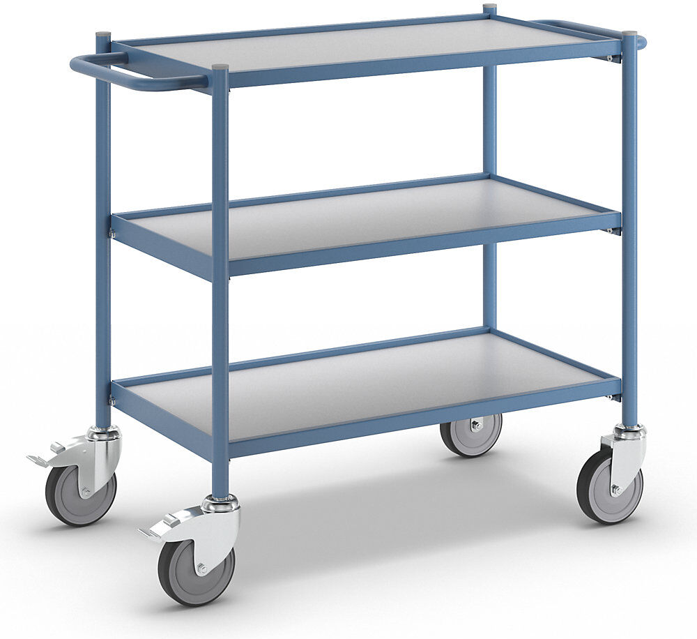 Tischwagen, Tragfähigkeit 150 kg, mit Schiebegriff, 3 Etagen, 4 Lenkrollen, 2 mit Doppelstopp eurokraft pro