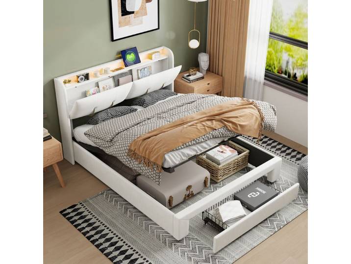 Lit 160x200 cm Lit double avec LED et USB Lit Capitonné Lit coffre 160x200 cm Lit 160x200 avec rangement sommier Velours Beige