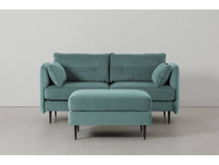 Model 19 Zweisitzer-Sofa mit Polsterhocker, Bergblau