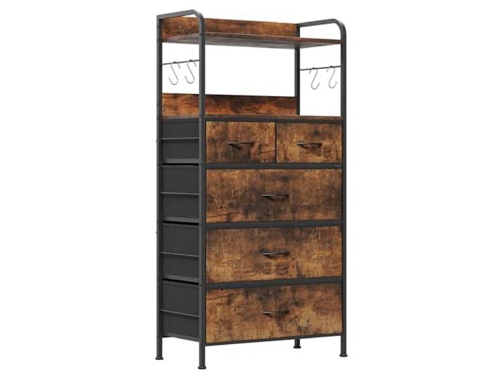 GarveeLife Orizer Flurkommode Schmal Mit 5 Stoffschubladen & Metallrahmen – 2 Offene Ablagen, Seitliche Haken, Platzsparender Flur-Organizer 120×60×30 cm, Tigerstreifen